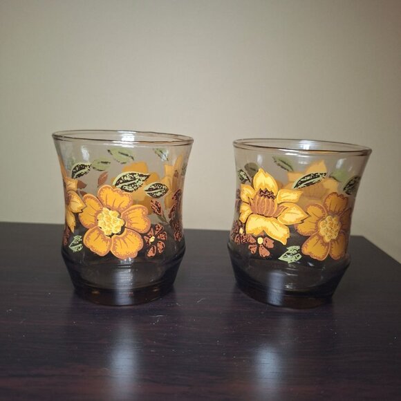 Libbey Juice Glasses Small Vintage Pair 2 Floral Cups Golden Brown Fall Granny‎ - Picture 5 of 5